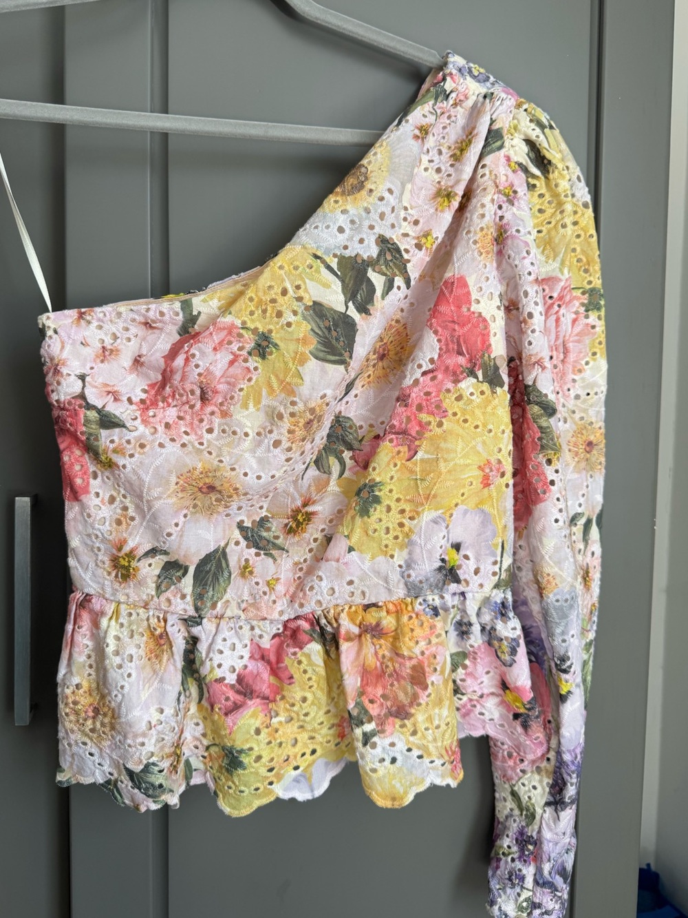Express Floral Eyelet One-Shoulder Top in White, Yellow, Pink